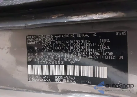 2005 Toyota Sequoia Sr5 V8 из США, поврежденный, VIN 5TDZT34A35S251506